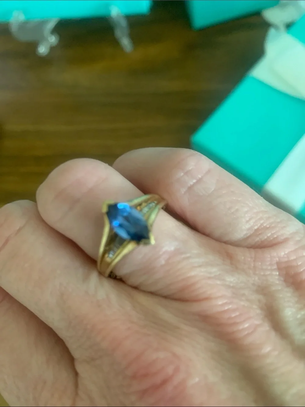 Vintage solid white and yellow gold channel diamonds and sapphire ring